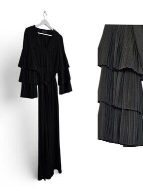 CO Collections Maxi Dress S 100% Silk Plisse Pleated Ruffle Sleeve Black Designe